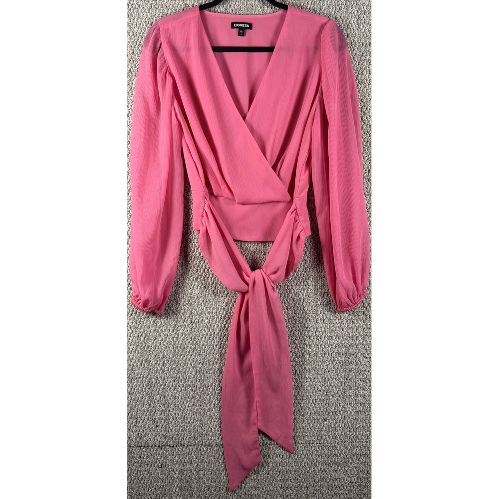 Express Wrap Top Size S Pink Long Puff Sleeve Chiffon V-Neck Tie Front Blouse